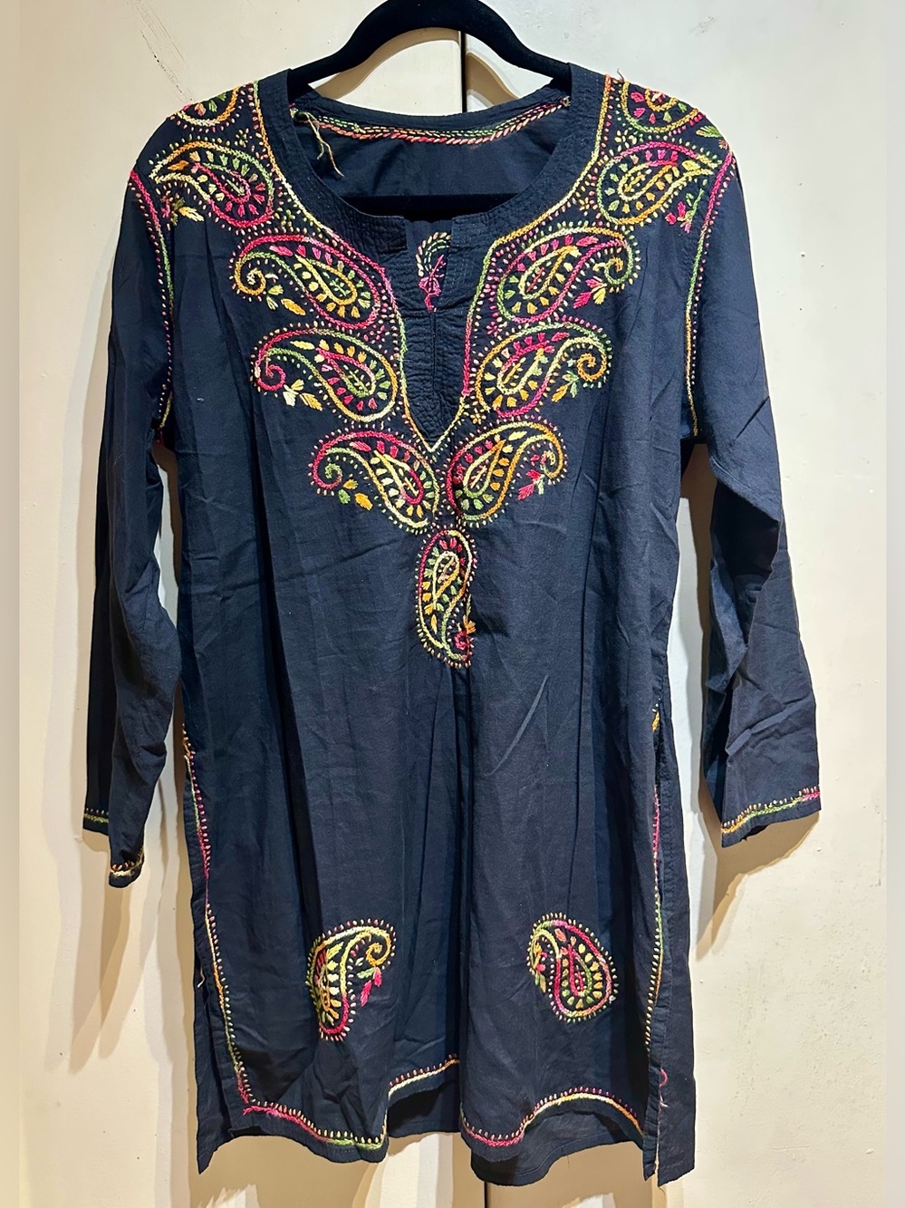 Vibrant Kashmiri Aari Embroidered Black Cotton Kurti Tunic Top Boho